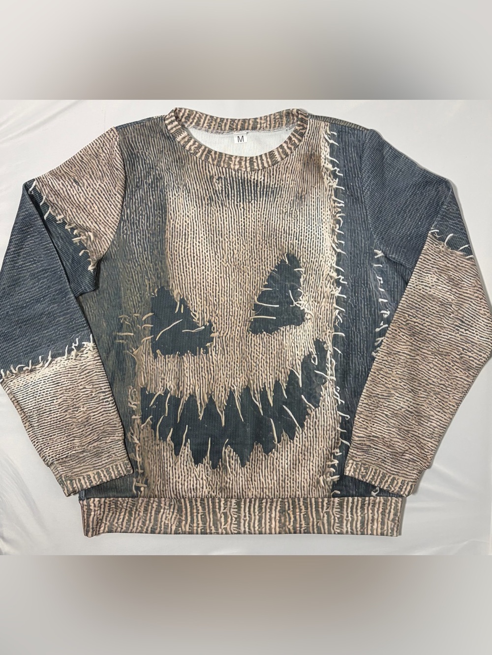 Spooky Season Halloween Burlap Mask Print Ribbed Pullover Women's Medium NWOT